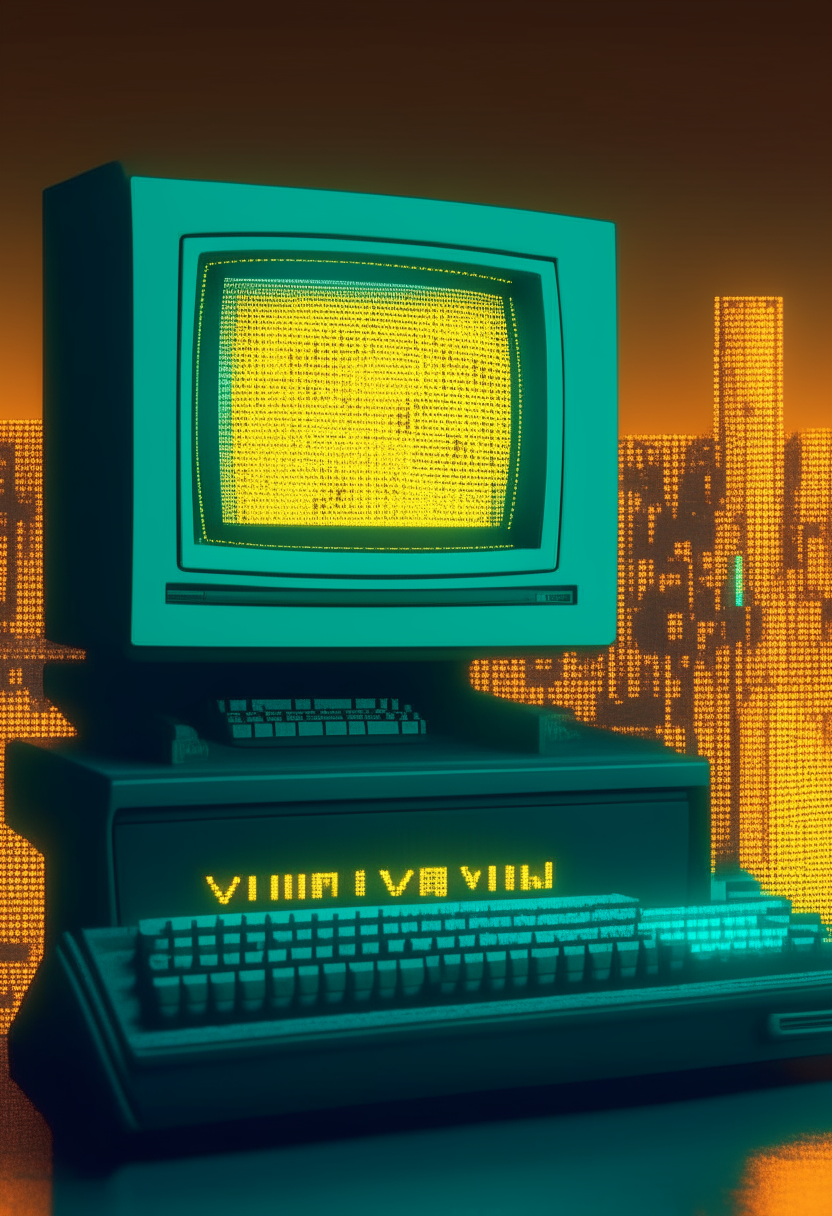 A yellow and teal computer terminal displaying 'VDIGITAL' against a city lights backdrop, pixel art, 460x200