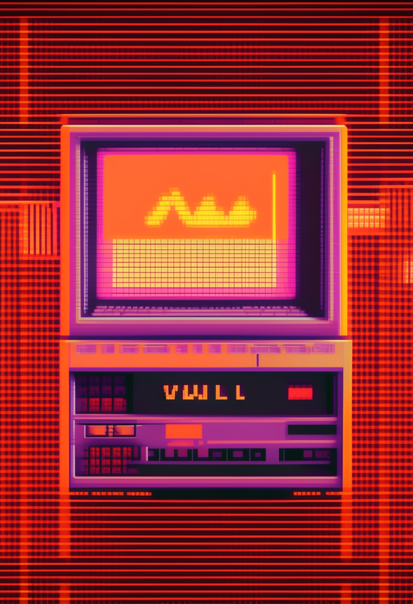 A pink and orange computer terminal displaying 'V.A.I.H.A.' against a digital matrix backdrop, pixel art, 460x200