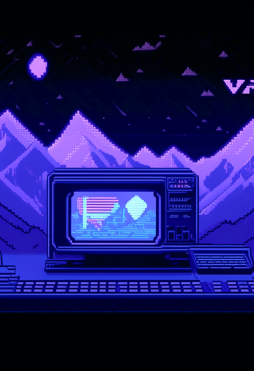 A purple and blue computer terminal displaying 'V.A.I.H.A.' against a starry cosmos backdrop, pixel art, 460x200