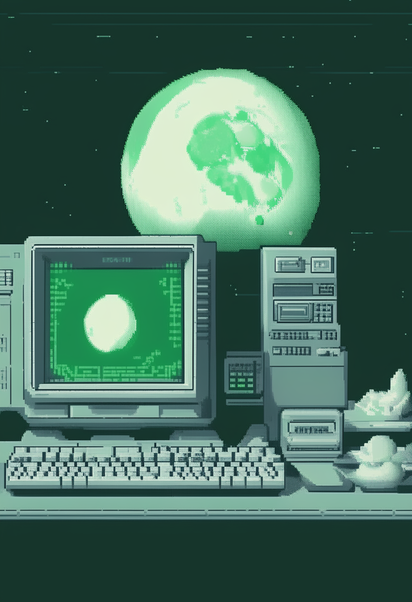 A white computer terminal displaying 'Malachite Gaming' against a moon surface backdrop, pixel art, 460x200