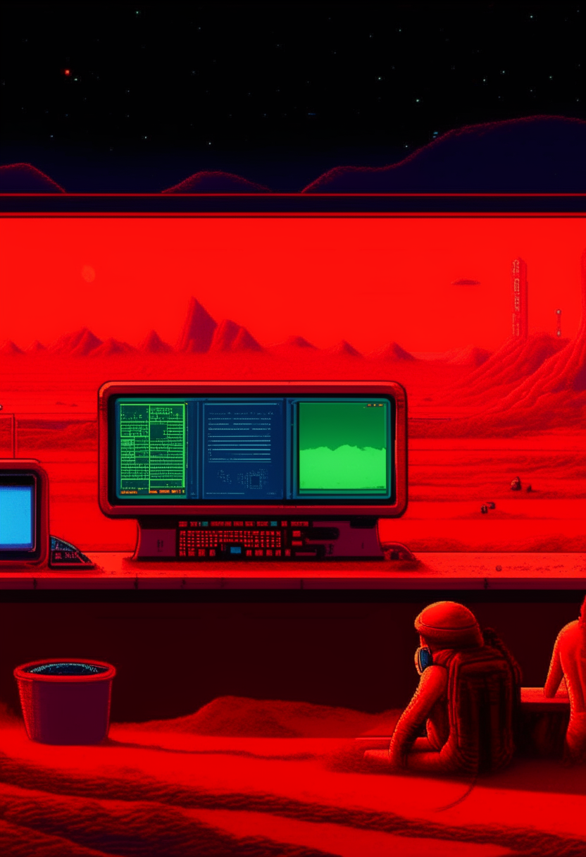 A red computer terminal displaying 'Neon-o-pian Readers' against a Mars landscape backdrop, pixel art, 460x200