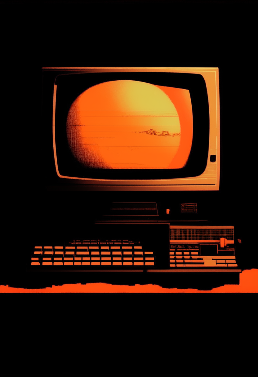 An orange computer terminal displaying 'VDIGITAL' against a Jupiter backdrop, pixel art, 460x200