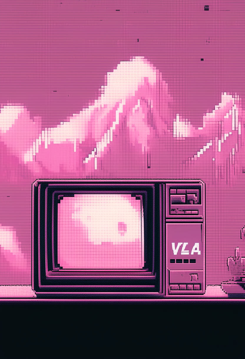 A pink computer terminal displaying 'V.A.I./H.A.' against a Venus backdrop, pixel art, 460x200