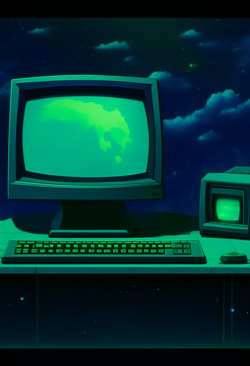 A blue-green computer terminal displaying 'NebulaBorn' against a nebula backdrop, pixel art, 460x200