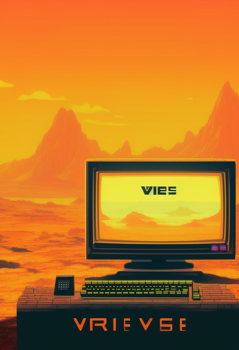 An orange-yellow computer terminal displaying 'V.R.I.S.E' against a VR landscape backdrop, pixel art, 460x200