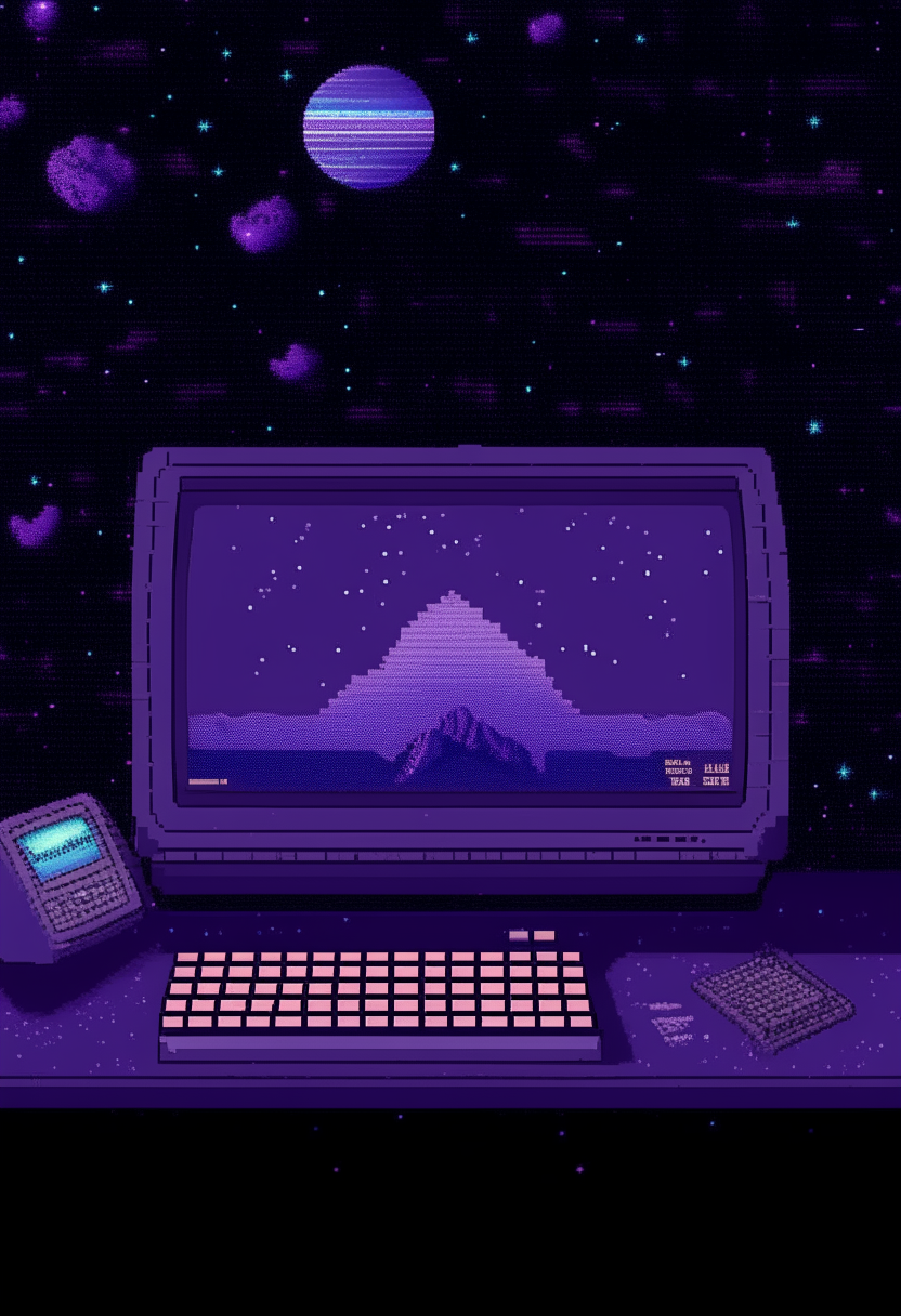 A purple computer terminal displaying 'Astropia Gaming' against a starfield backdrop, pixel art, 460x200