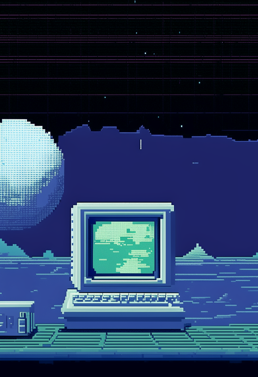 A white computer terminal displaying 'LunarLink' against a lunar sea backdrop, pixel art, 460x200