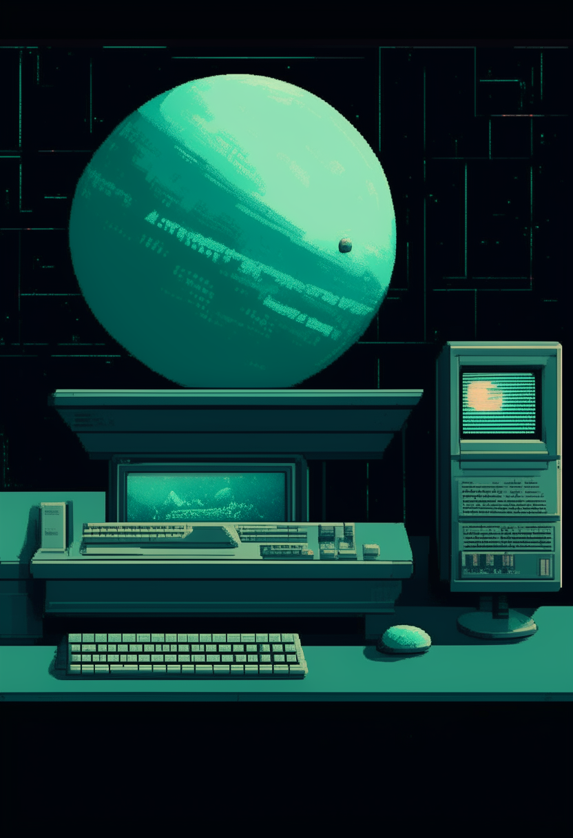 A teal computer terminal displaying 'Astrotech' against a planetary system backdrop, pixel art, 460x200