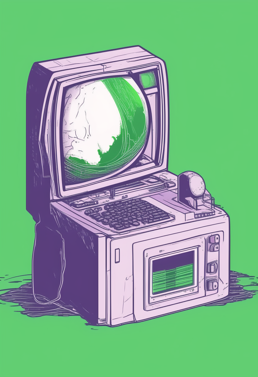 A purple-green printer terminal displaying 'Malachite Gaming' against a white lunar sea backdrop, sketch art, 460x200