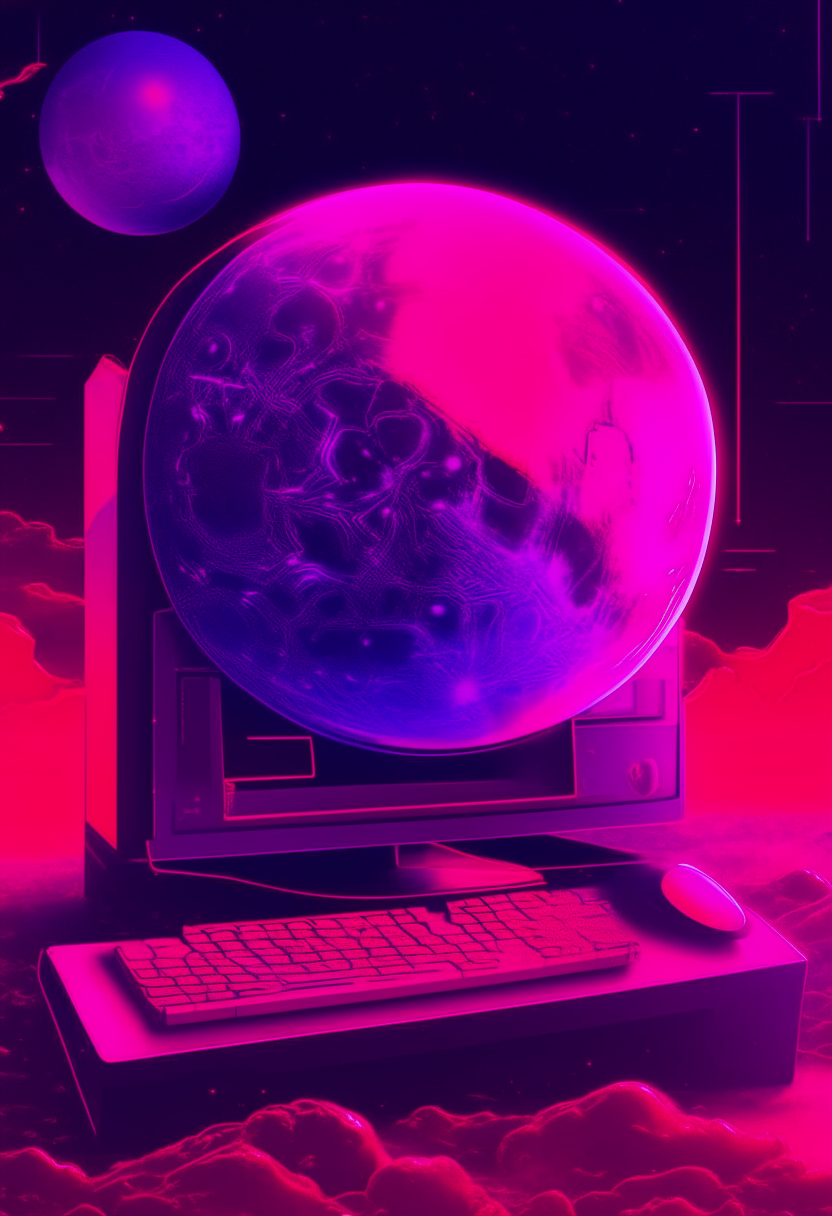 A neon pink and purple computer terminal against a red-ish planetary system backdrop, illustration art, 460x200