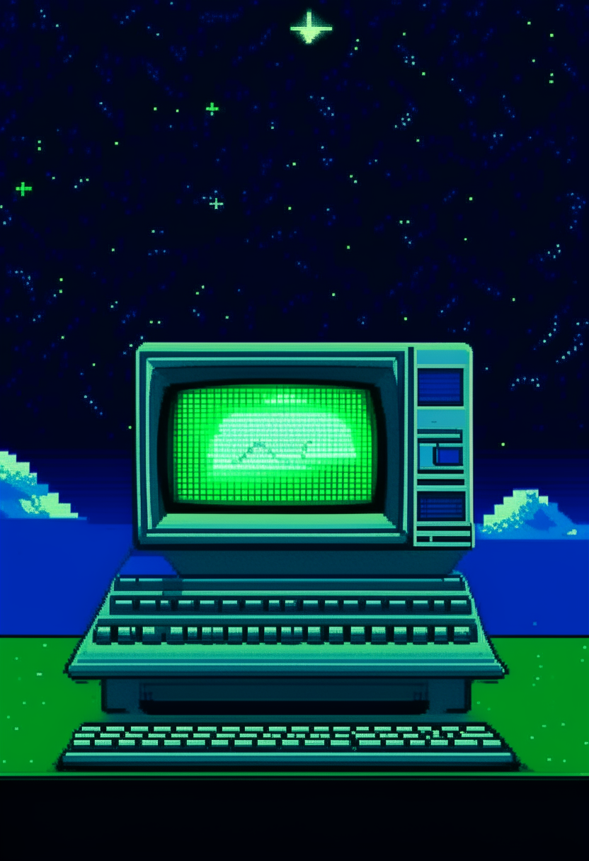 A blue and white computer terminal displaying 'RealmBorn' against a green-ish starry sky backdrop, pixel art, 460x200