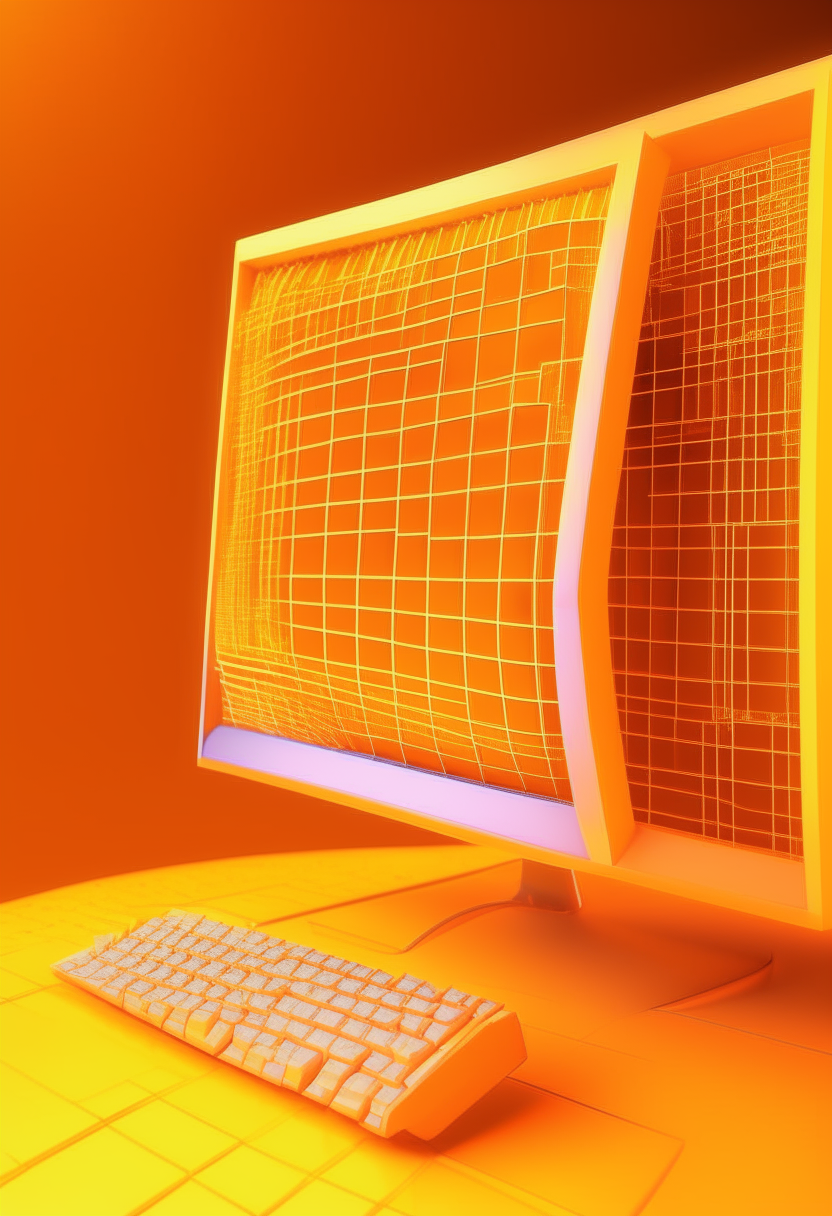 A yellow-orange computer terminal displaying 'VDIGITAL' against an orange 3D vector grid backdrop, 3D art, 460x200