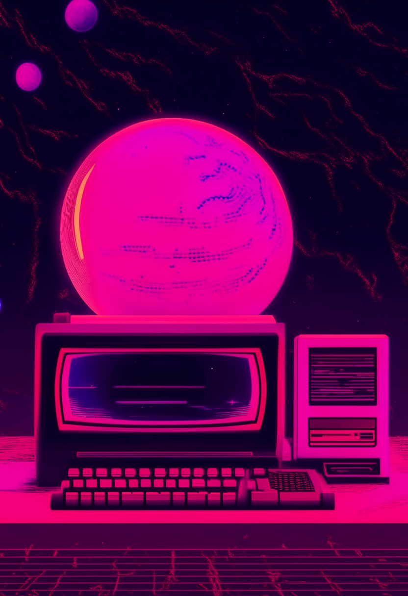 A neon pink and purple computer terminal against a red planetary system backdrop, pixel art, 460x200