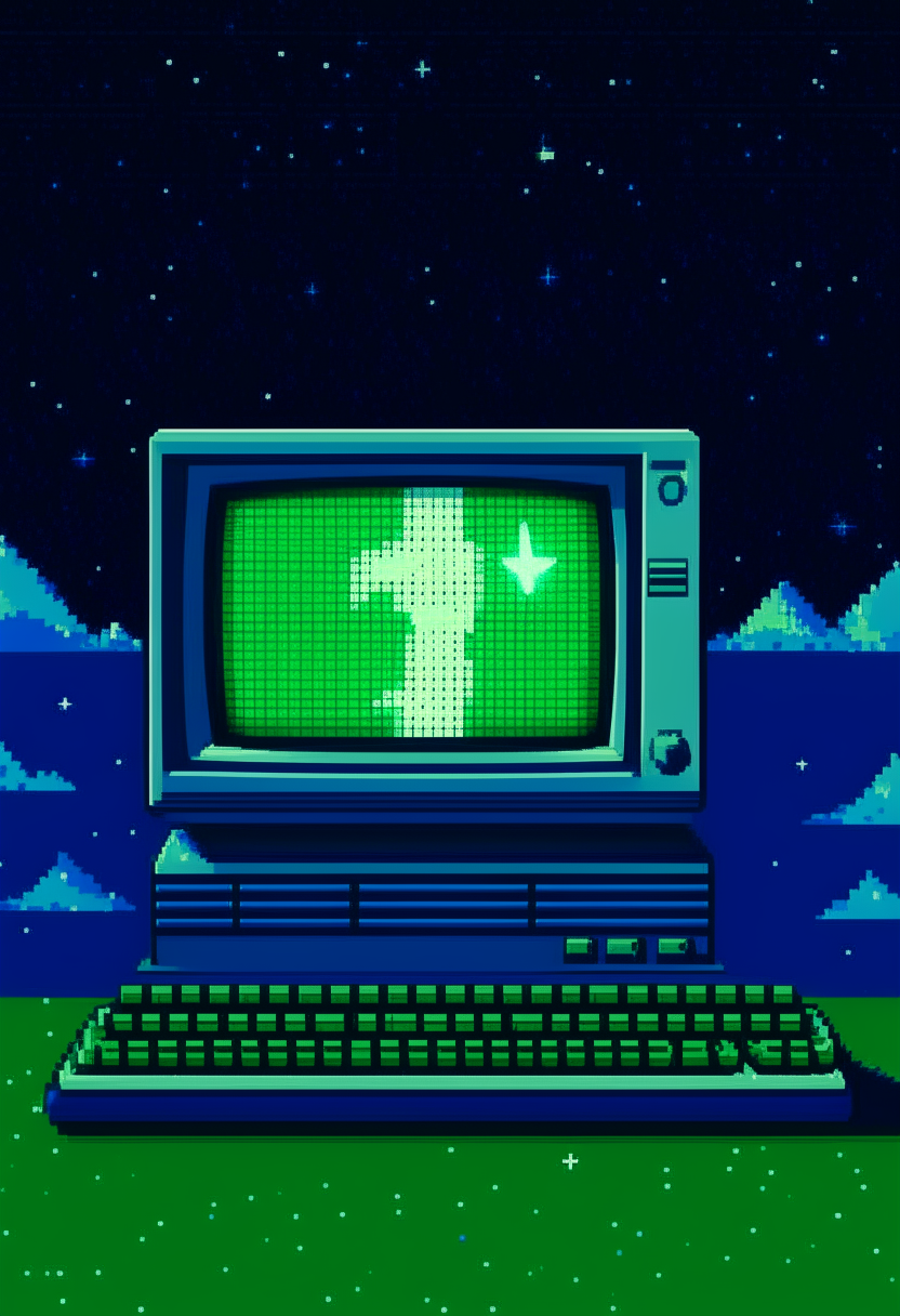 A blue and white computer terminal displaying 'RealmBorn' against a green starry sky backdrop, pixel art, 460x200