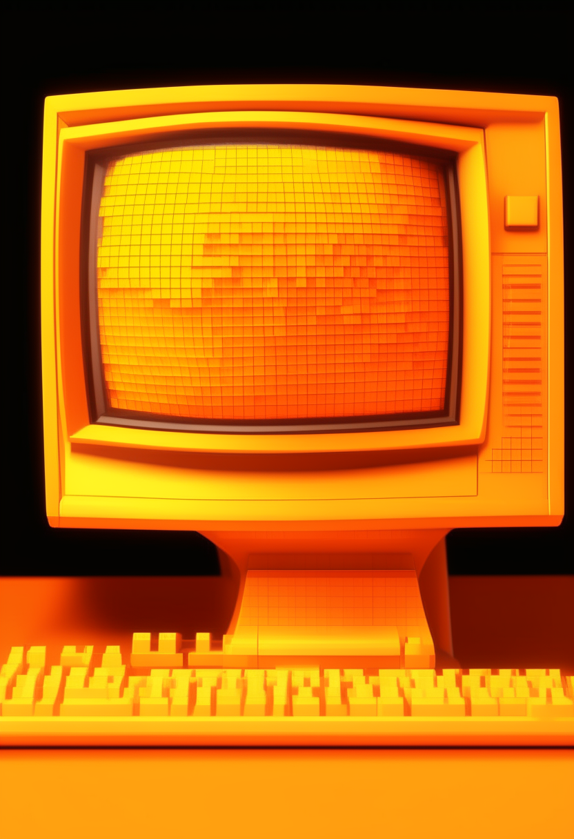 A yellow-orange computer terminal displaying 'VDIGITAL' against an orange 3D grid backdrop, pixel art, 460x200