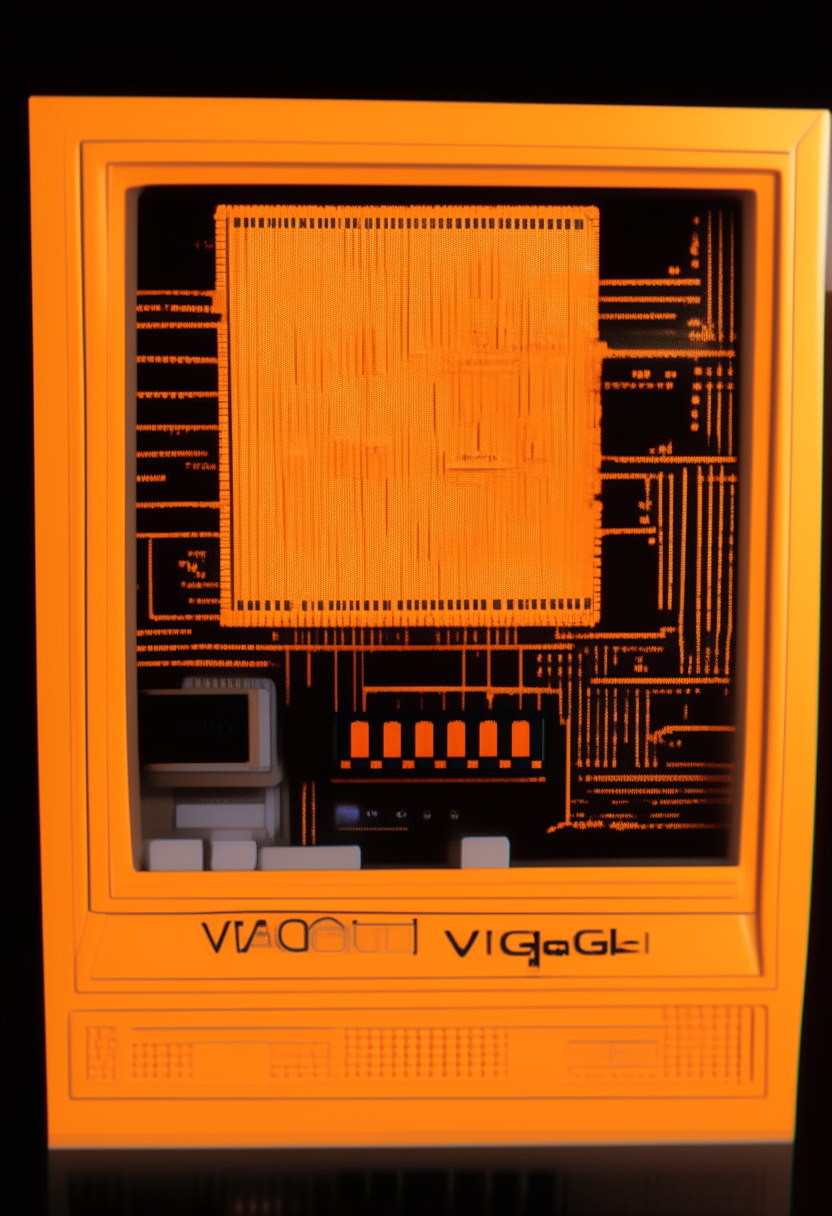 An orange computer terminal displaying 'VDIGITAL' against a circuit board backdrop, pixel art, 460x200