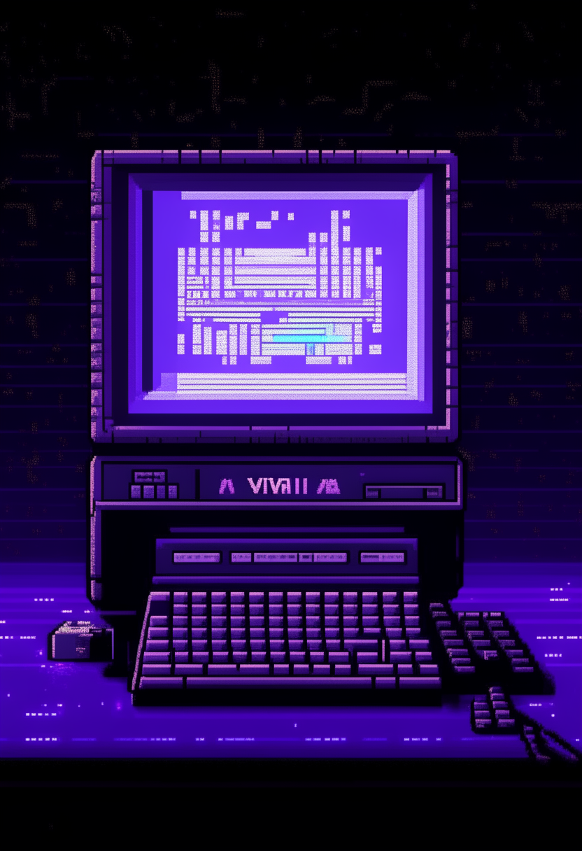 A purple computer terminal displaying 'V.A.I./H.A.' against a starry code backdrop, pixel art, 460x200