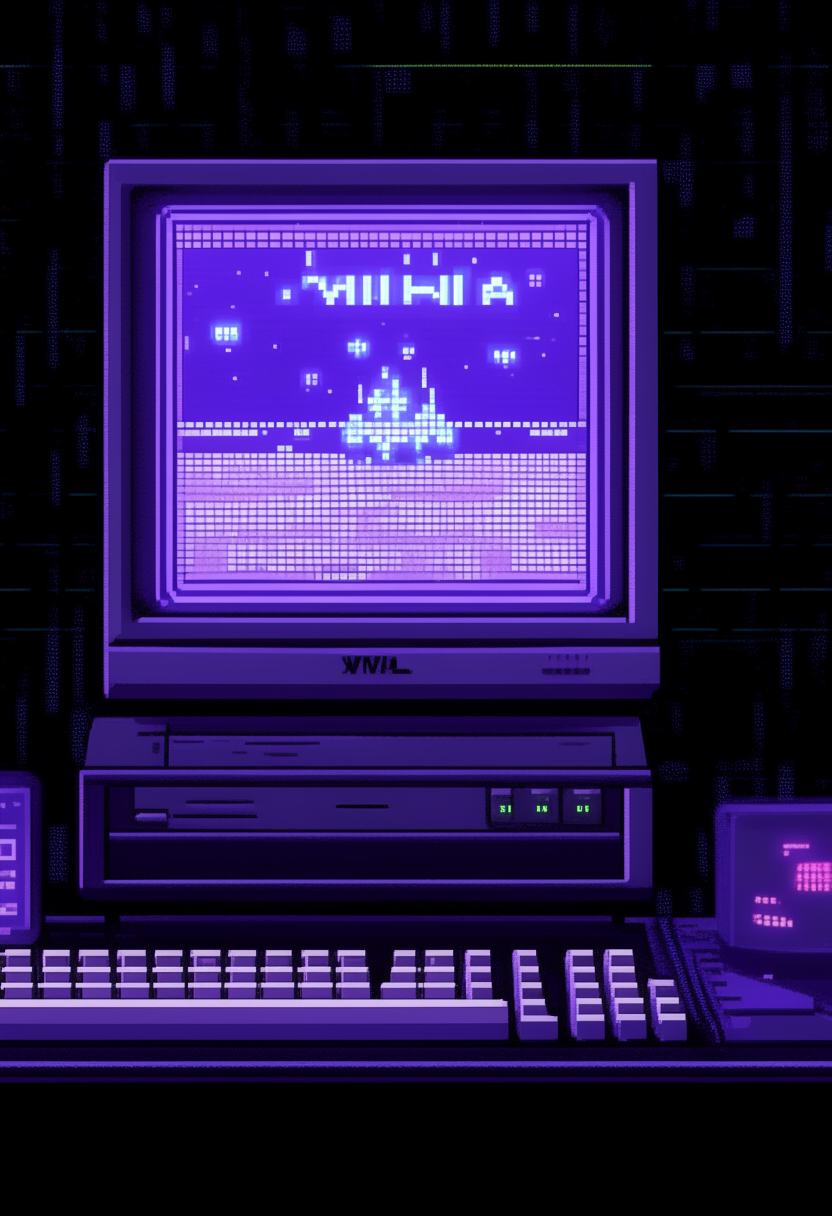 A purple computer terminal displaying 'V.A.I./H.A.' against a starry code backdrop, pixel art, 460x200