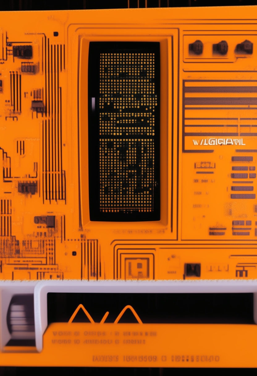 An orange computer terminal displaying 'VDIGITAL' against a circuit board backdrop, pixel art, 460x200