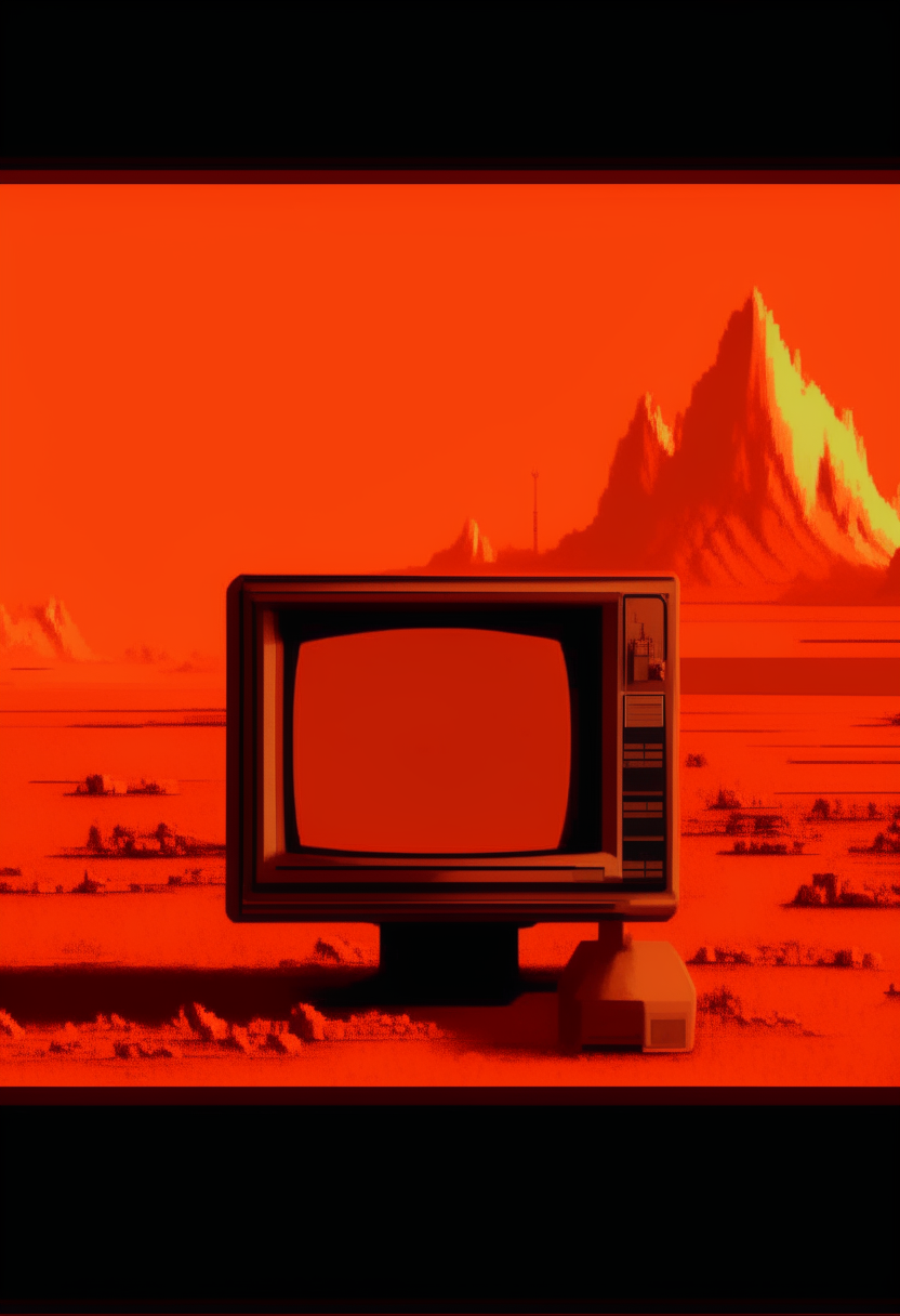 An orange computer terminal displaying 'VDIGITAL' against a red Martian landscape backdrop, pixel art, 460x200