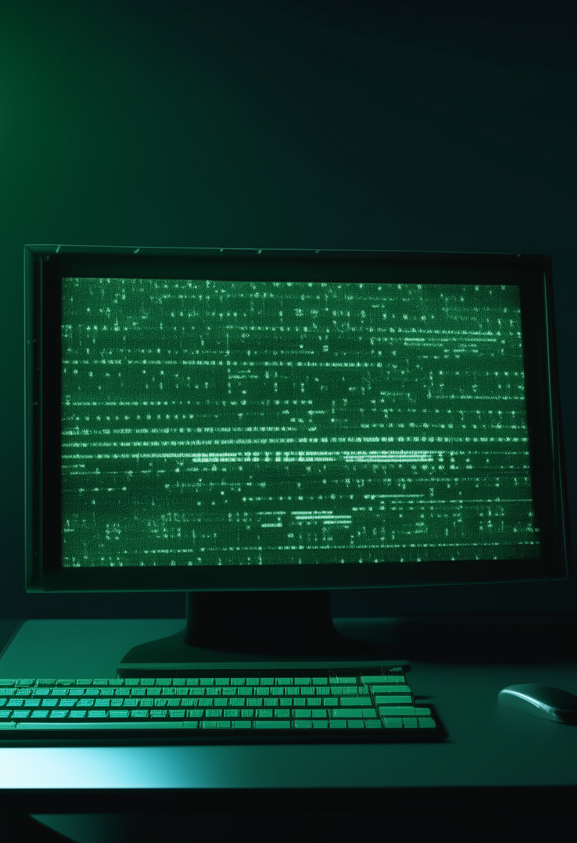 A green computer displaying code against a night sky backdrop