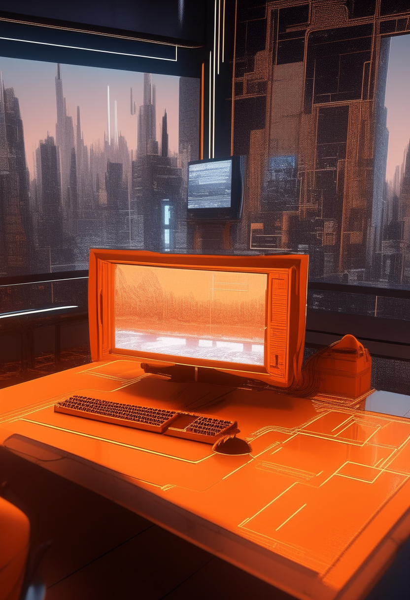 An orange computer running simulations in a sci-fi cityscape