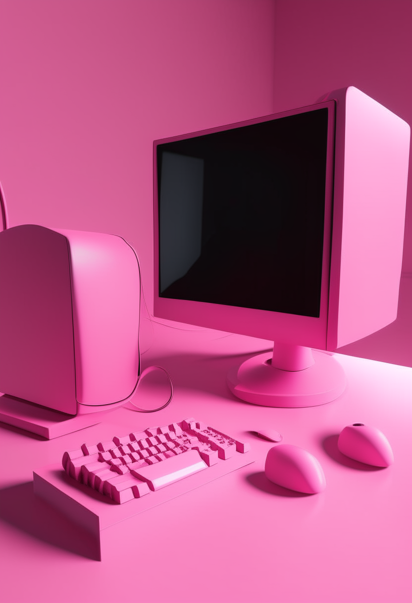 A pink computer booting up a VR environment