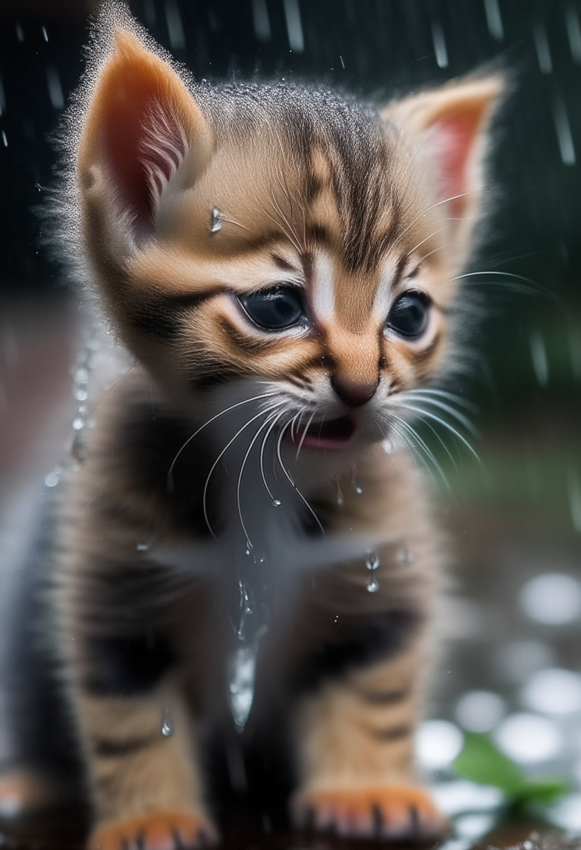 A kitten crying in rain