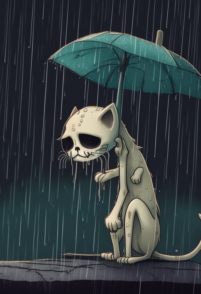 A skeleton cat crying in rain