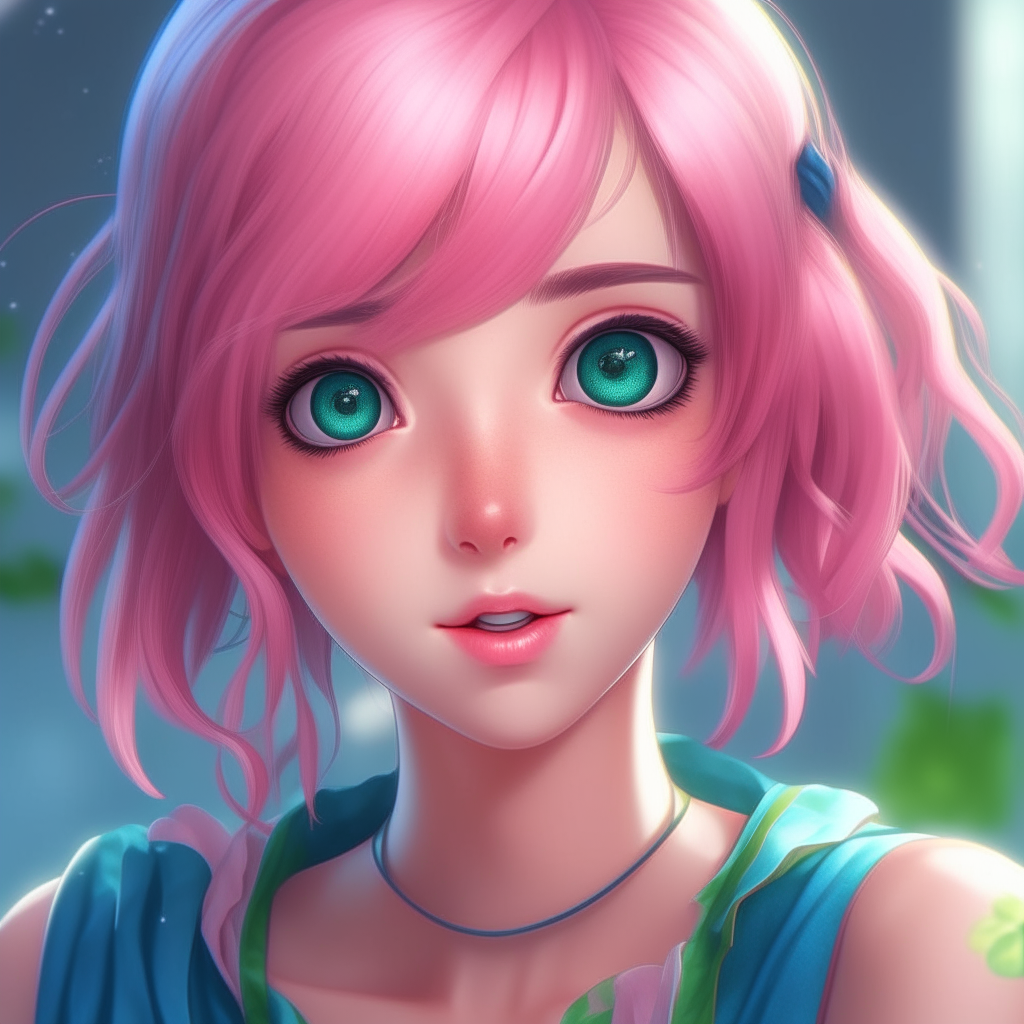 A cute anime avatar girl with pink hair, green eyes, and a blue dress, drawn in 4k highly detailed digital art