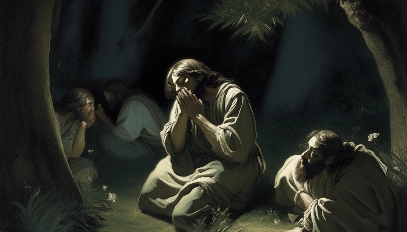 Jesus praying in the Garden of Gethsemane at night, his disciples sleeping behind him