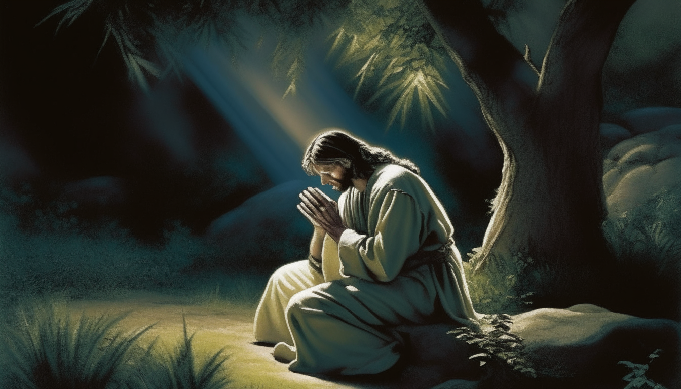 Jesus kneeling in prayer in the Garden of Gethsemane, moonlight streaming through the olive trees behind him