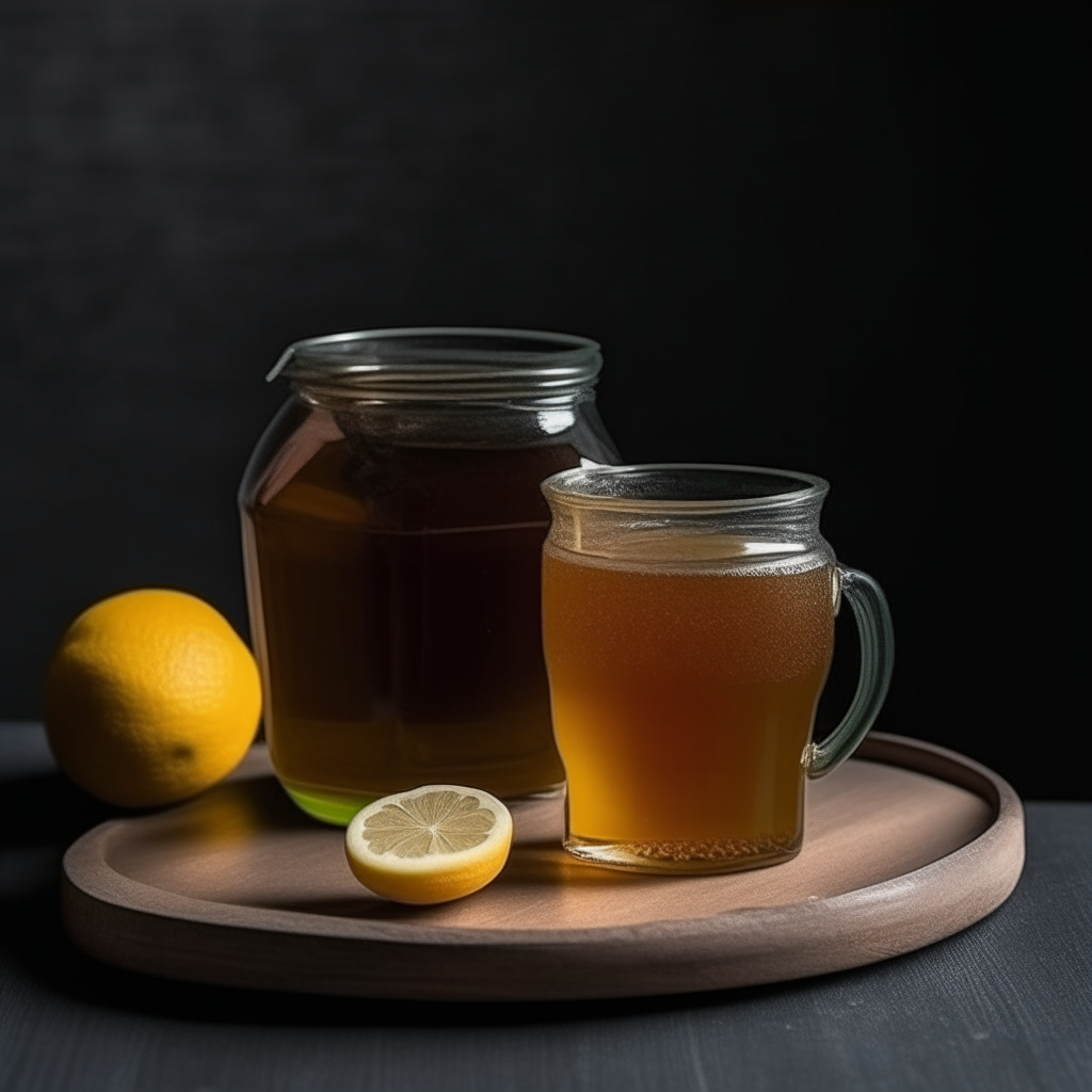 A glass of lemonade and a jar of dark honey stand on an oak table, photo quality