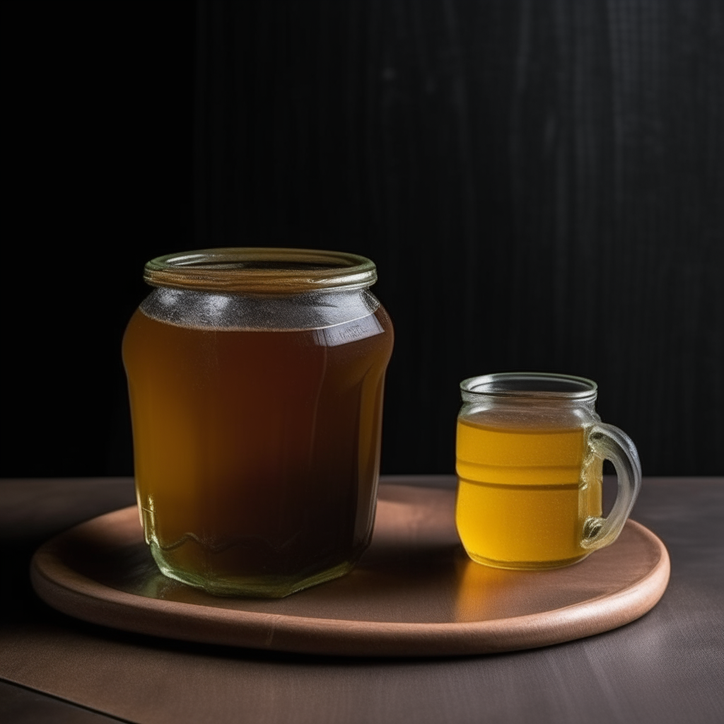 A glass of lemonade and a jar of dark honey stand on an oak table, photo quality