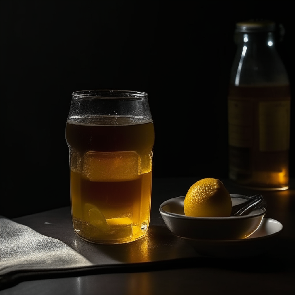 There is a glass of lemonade and a small jar of black honey on the table, dim light, photo quality