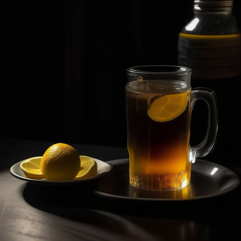 There is a glass of lemonade and a small jar of black honey on the table, dim light, photo quality