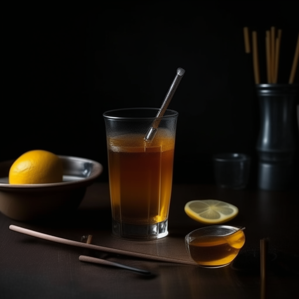 On the table there is a tall glass of lemonade and a bowl with a honey spoon and black honey, dim light, photo quality