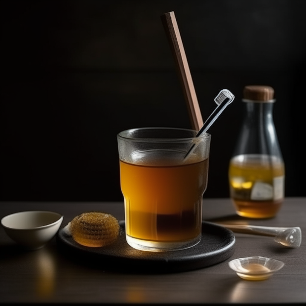 On the table there is a tall glass of lemonade and a bowl with a honey spoon filled with black honey, dim light, photo quality