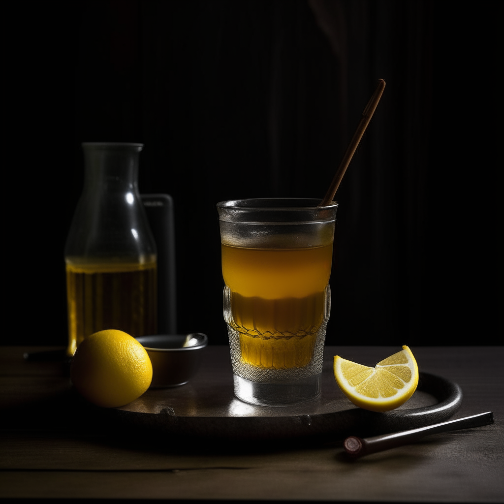On the table is a tall glass of lemonade and a bowl containing a spoon and black honey in a dimly lit scene with high photo quality