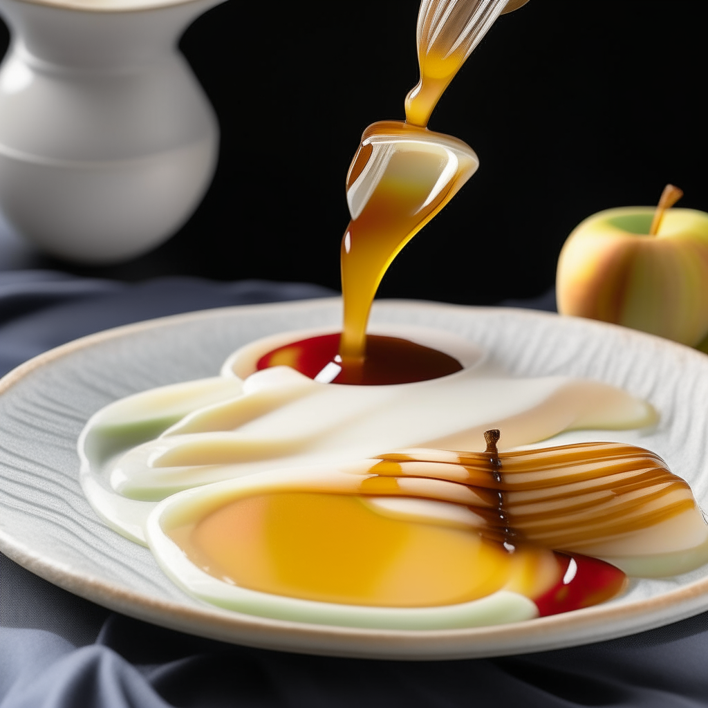 White cream honey is artfully drizzled over fresh apple slices on a porcelain plate