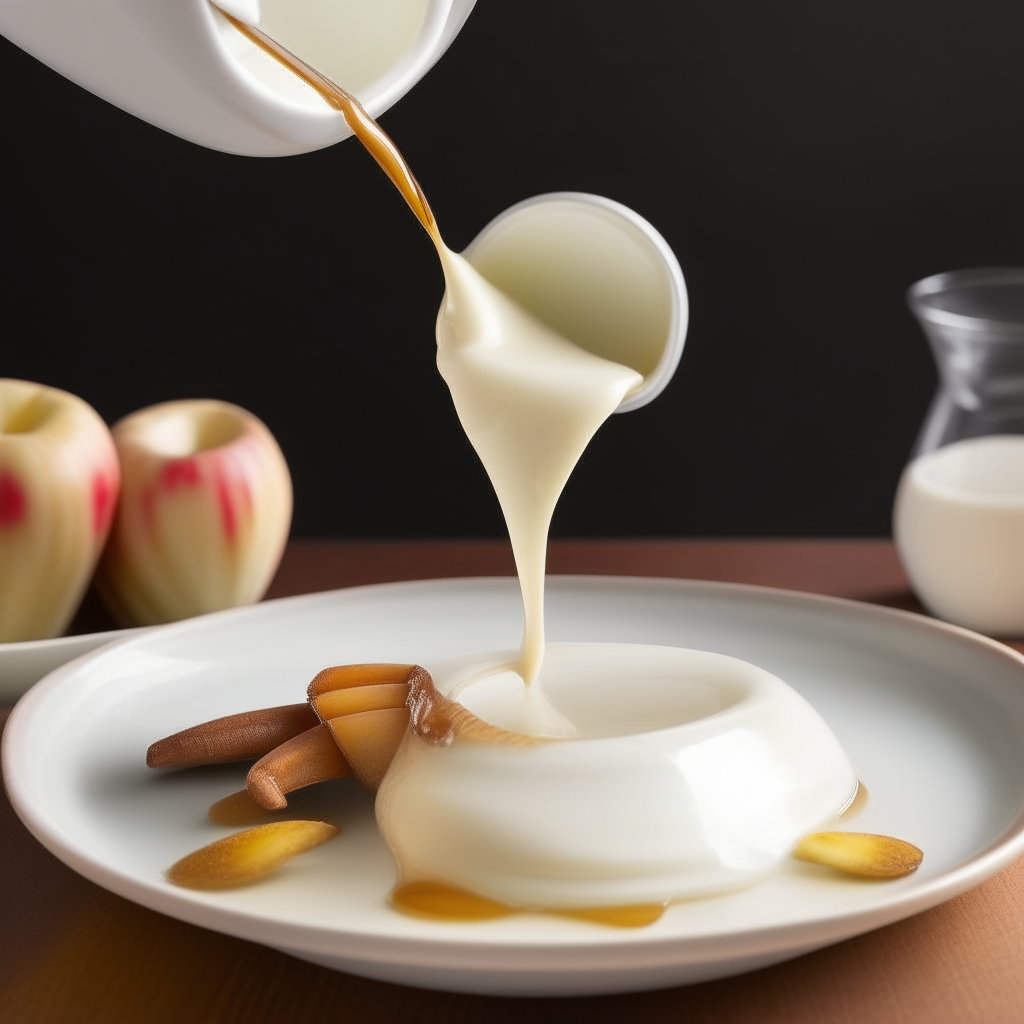 A dollop of white honey cream is poured onto apple wedges arranged on a delicate saucer