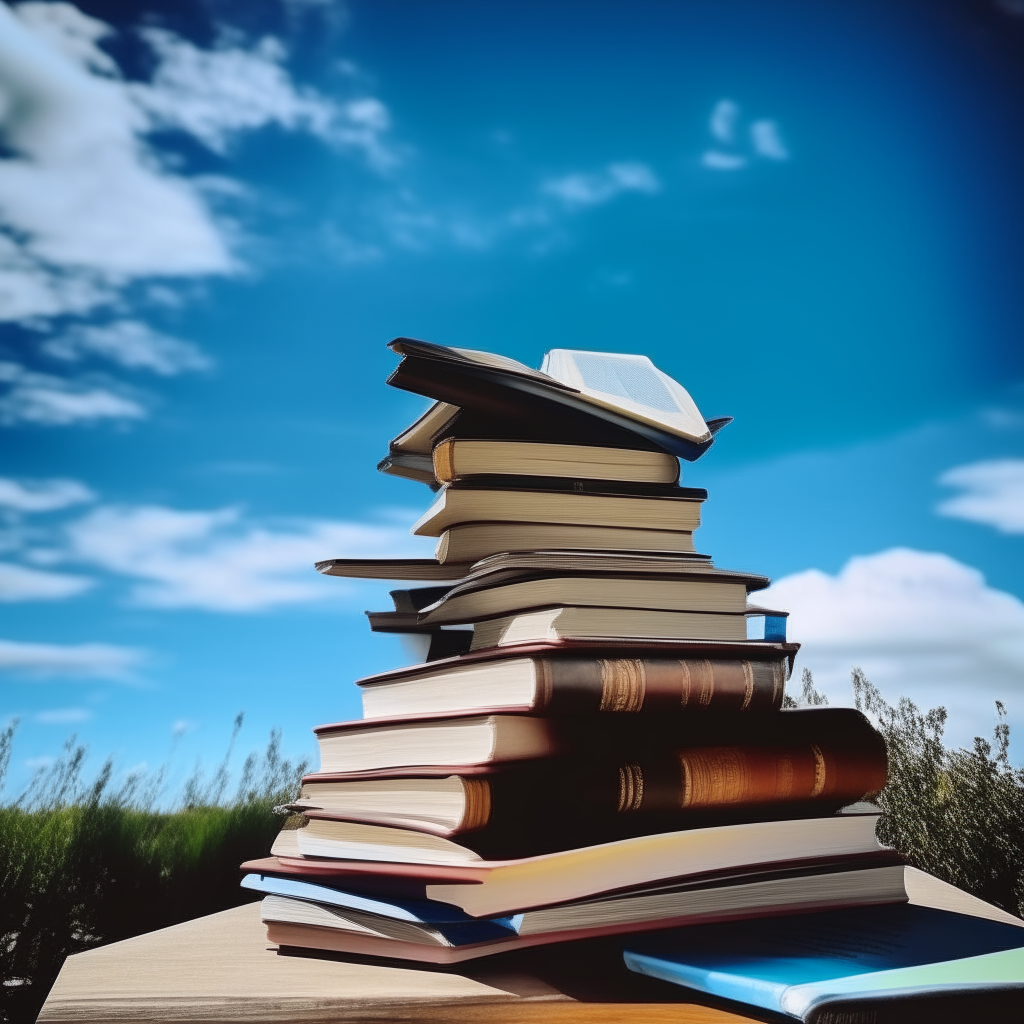 A stack of beautiful books in the table asthetic picture under the blue sky