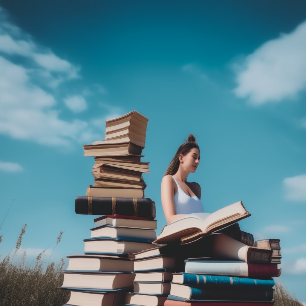 A stack of beautiful books in the table asthetic picture under the blue sky with beautiful woman sitting and reading books 