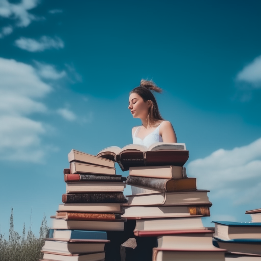 A stack of beautiful books in the table asthetic picture under the blue sky with beautiful woman sitting and reading books 