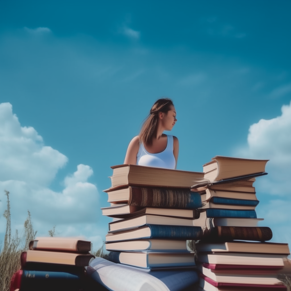 A stack of beautiful books in the table asthetic picture under the blue sky with beautiful woman sitting and reading books 