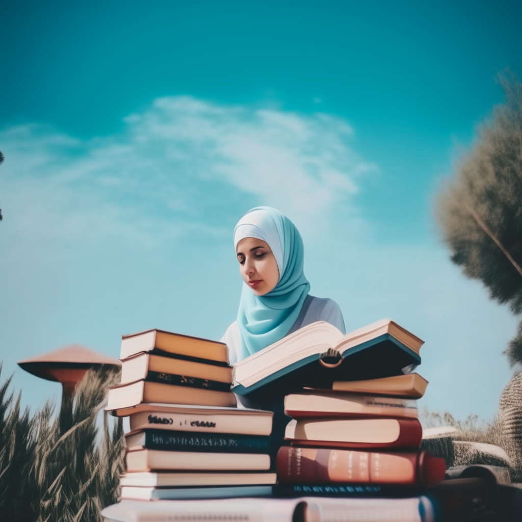 A stack of beautiful books in the table asthetic picture under the blue sky with beautiful hijabi woman sitting and reading books 