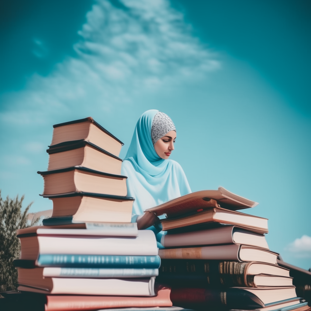 A stack of beautiful books in the table asthetic picture under the blue sky with beautiful hijabi woman sitting and reading books 