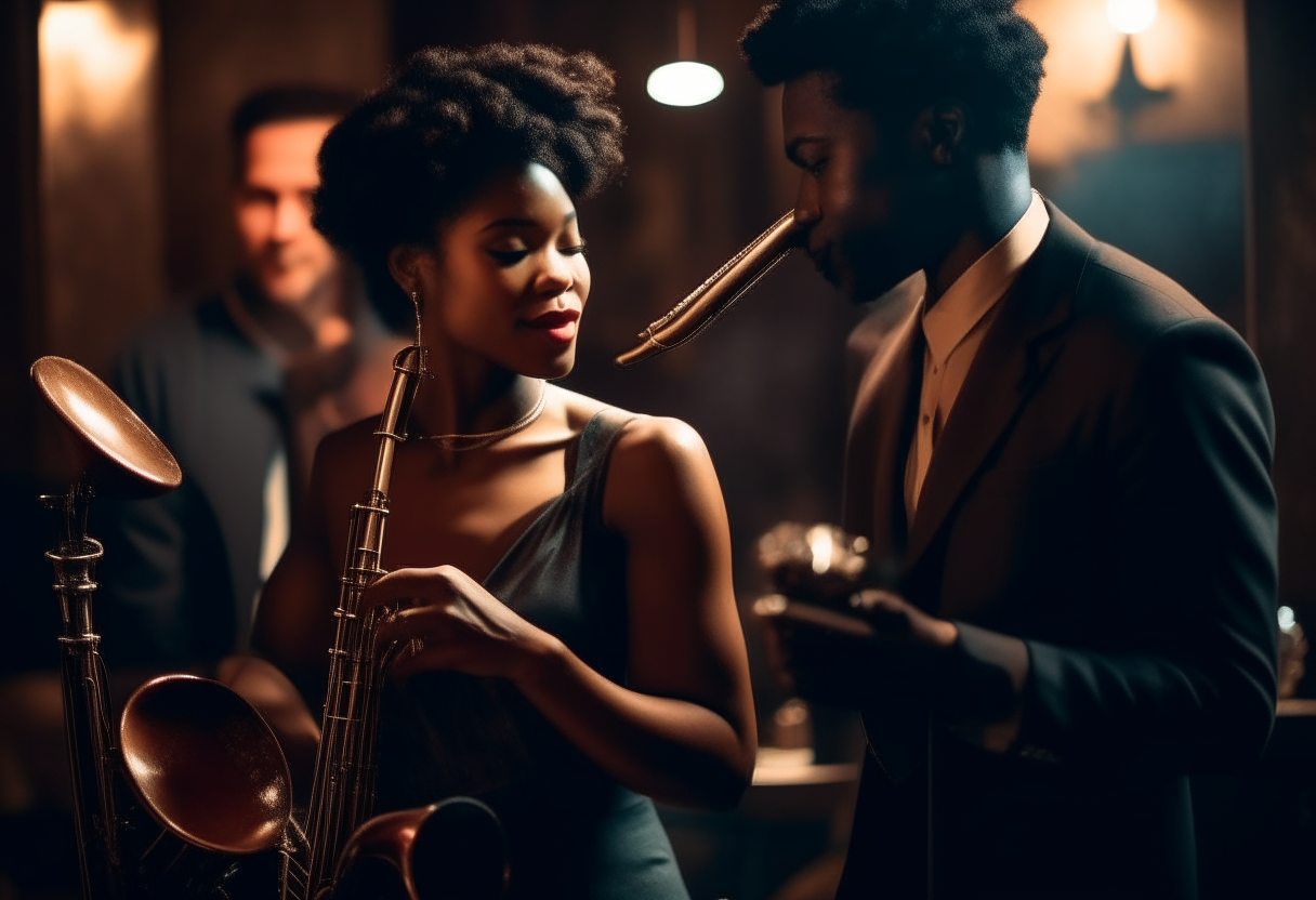 An African American very attractive couple dancing slowly in a dimly lit night club, with a jazz band behind them playing trumpet, saxophone, piano, bass and drums