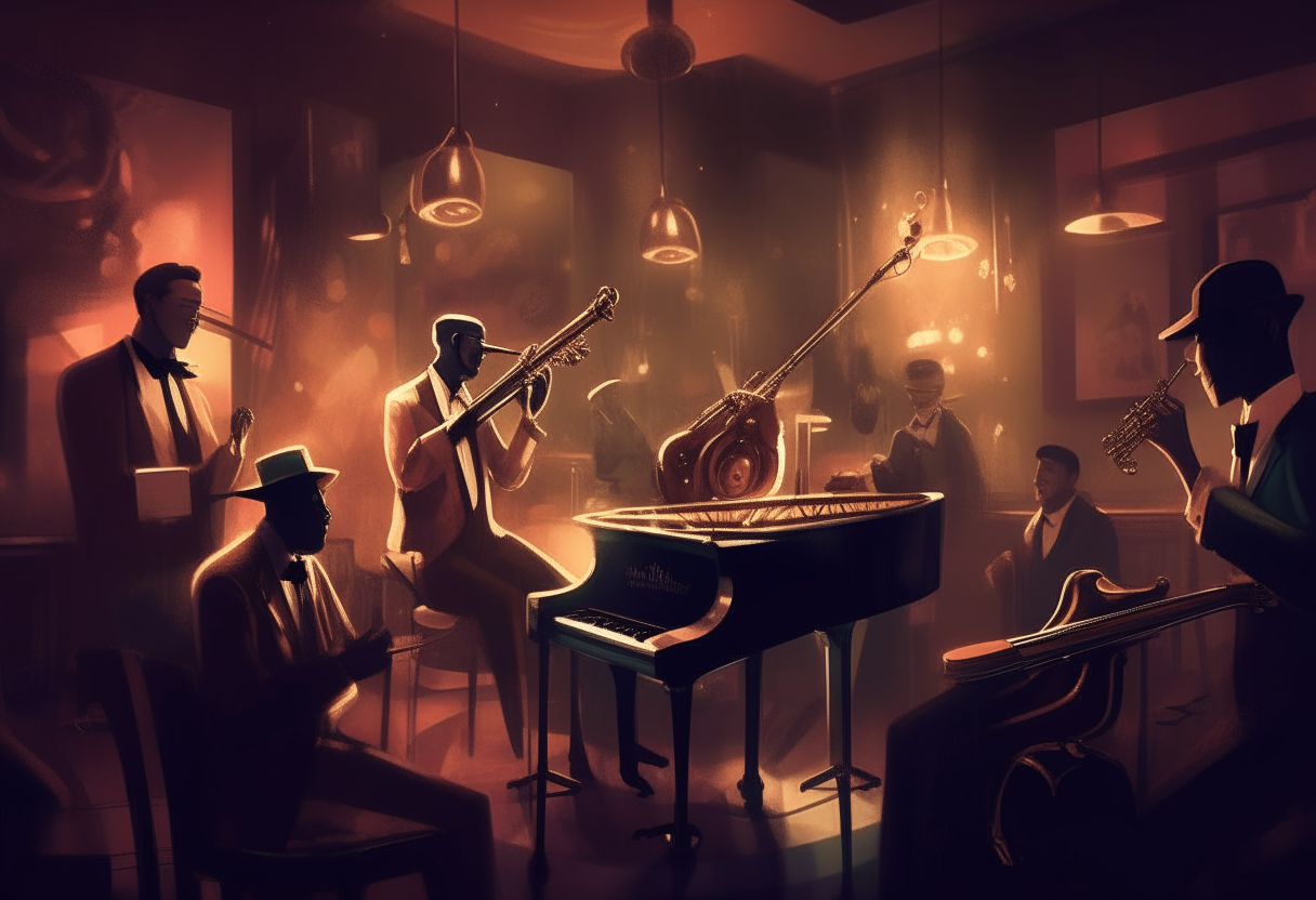 a jazz band playing saxophone, trumpet, piano, bass and drums in a smoky night club, digital art