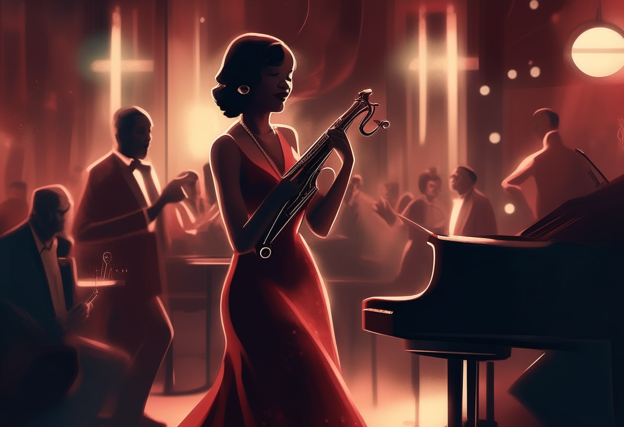 a female jazz singer wearing a red dress stands in front of a jazz band playing in a smoky night club, digital art